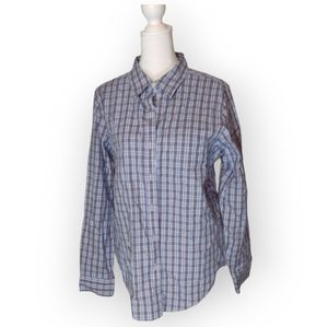 LL Bean Button Up Shirt Medium Women Wrinkle Free Blue White Plaid